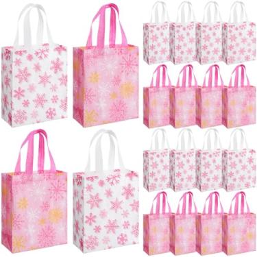Imagem de Wovnet 30 peças de sacos de Natal a granel rosa floco de neve de inverno sacos de presente com alças reutilizável não tecido sacola de compras bolsa de presentes para lembrancinhas de festa de Natal