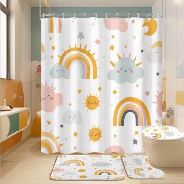 Imagem de Dizifinn 4 peças de decoração de banheiro infantil, conjuntos de cortina de chuveiro arco-íris para crianças, com tapetes antiderrapantes e acessórios, capa de tampa de vaso sanitário e tapete de