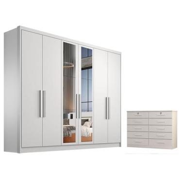 Imagem de Guarda Roupa Casal Linea Com Espelho E Gaveteiro Milão Com Chave Neve - Novo Horizonte