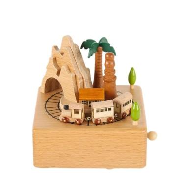 Imagem de Caixa De Música Carrossel de Madeira, Carrossel de Madeira Caixa de Música Giratória – Presente Artesanal, Ornamento Decorativo DIY com Manivela (Trem - Opção 2)