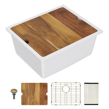 Imagem de Lordear Lavatório de cozinha composto de granito branco de 53 cm, 53 x 45,7 cm, lavatórios de quartzo branco embaixo do balcão, pia de tigela única com acessórios dourados clássicos