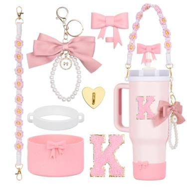 Imagem de Rabrgab Conjunto de acessórios para copo Stanley rosa de 7 peças – topo de palha com laço, pingente de laço fofo, bota de silicone com design de laço, alça de alça de garrafa de água e adesivo de