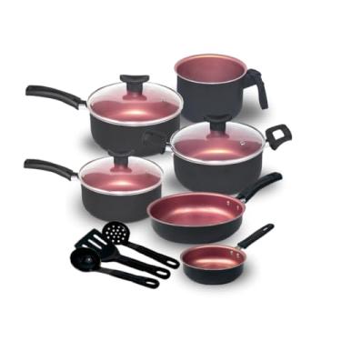 Imagem de Jogo de Panelas Kit 9 Pçs Antiaderente Tampa Vidro Teflon(Preto Rosé)