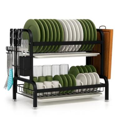 Imagem de Escorredor de Louça 2 Andares em Aço Carbono Preto com Bandejas Removíveis, Suporte para Pratos, Copos, Suporte para Talheres e Suporte para Tábua de Corte, Grande Capacidade, Resistente à Ferrugem.