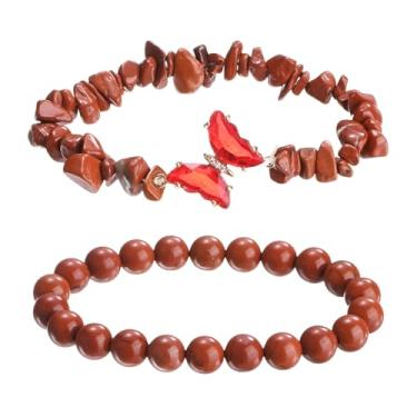 Imagem de PATIKIL Pulseiras de cristal para mulheres, 2 peças, pulseira de contas de ametista natural com pingente de borboleta elástica para presentes de amizade de casal, marrom