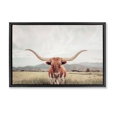 Imagem de Stupell Industries Longhorn Portrait Open Meadow Gold Framed Floater Canvas Wall Art, design by Sisi and Seb, 21 x 31