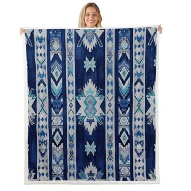 Imagem de Feelyou Cobertor de lã azul profundo do sudoeste para bebê 76 cm x 101 cm cobertor geométrico de pelúcia para cama sofá sofá estilo tribal exótico design indígena nativo americano sherpa cobertor