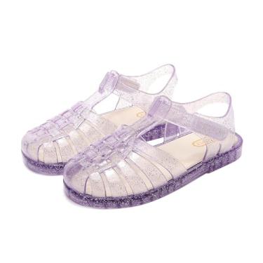 Imagem de TANDEFLY Sandálias Jelly para meninas, bico fechado, fantasia de princesa, verão, pescador, praia, sola de borracha, sandálias rasteiras para crianças pequenas e grandes, Roxa, 12 Little Kid