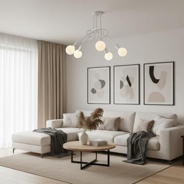 Imagem de Luminária de Teto Plafon Sputnik Assimétrico Laço 5 Candelabro Luxo (Branco)