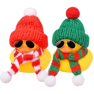 Imagem de MuMyer Ornamentos de carro de pato de borracha, 2 peças, decoração de painel de carro de pato de inverno com gorro e cachecol e óculos de sol (9 cm)