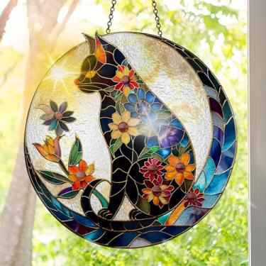 Imagem de Acrílico colorido Suncatcher, decoração de janela suspensa de gato com design de vitral impresso, apanhador de sol, arte de parede de arco-íris, ornamentos de Natal para uso interno e externo 19,8 x