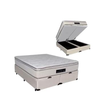 Imagem de Cama Box Baú Queen Suede + Colchão Cloud Pillow Top Molas Ensacadas Luckspuma 158x198x74 Cor:bege