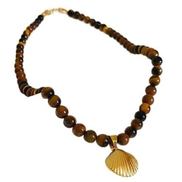 Imagem de Colar de Pedras Naturais de Olho de Tigre com Pingente de Concha Dourado, Estilo Boho, Pedras Marrom