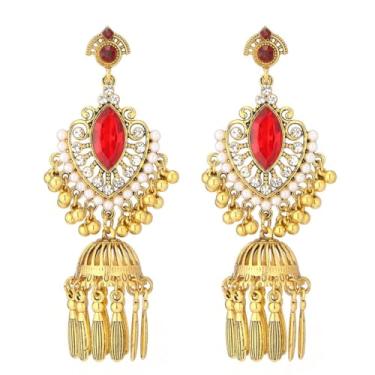 Imagem de Brincos femininos antigos Jhumki Jhumka com contas de borla, pingente de pérola, strass, indiano, étnico, tradicional, bollywood, candelabro, joia, boho, joia de casamento para noiva, 95*35mm, Strass