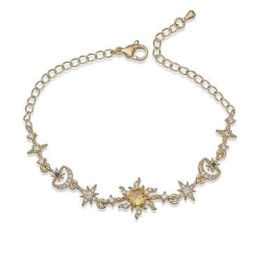 Imagem de Pulseira feminina de strass de luxo, estrelas, sol, lua, pingente de zircônia cúbica, ajustável, corrente ajustável, tornozeleira moderna, delicada, Natal, casamento, formatura, joias, presentes
