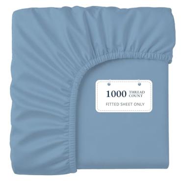 Imagem de Lane Linen Lençol 100% algodão egípcio tamanho GG (99 x 205 cm + 38 cm) - tecido acetinado elegante, ultramacio, respirável, altamente durável, bolsos profundos de até 43 cm - azul francês