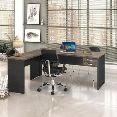 Imagem de Mesa Para Escritório Em L 1,80x1,60m Tampo E Pés 30mm Com Gaveta Carvalho Dark Compreto Ônix