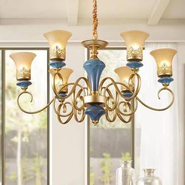 Imagem de Lustre de luxo europeu para sala de estar, estilo retrô americano, em cerâmica, para restaurante, quarto, escritório, hotel, casa de campo ou café, com 6 lâmpadas LED.