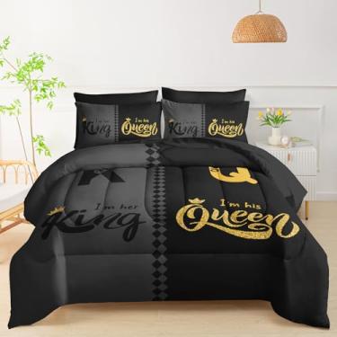 Imagem de QOOMO Jogo de cama casal com coroa Queen e King, 7 peças, inclui 1 edredom, 1 lençol com elástico, 1 lençol de cima, 2 fronhas estampadas e 2 fronhas pretas