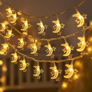 Imagem de Cordão de luzes de estrela da lua de 150 cm, 20 luzes LED brancas quentes para festa de aniversário, Natal, férias, decoração de casa (estrela colorida e lua)