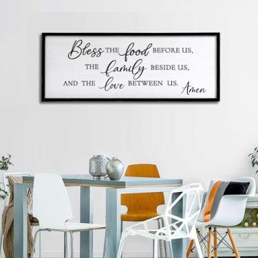 Imagem de Foutcheou Decoração de parede Bless The Food Before Us, 101 x 38 cm, placa emoldurada de casa de fazenda, cozinha, decoração de parede, verso bíblico cristão rústico para sala de jantar