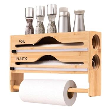 Imagem de Organizador de embrulho com cortador, dispensador de papel alumínio com suporte de rolo, caixa de parede, suporte de alumínio para armazenamento armário de panificação organização de despensa