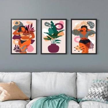 Imagem de Kit 3 Quadros Mulheres E Folhagens 33X24 Com Vidro - Preta - Quadros O