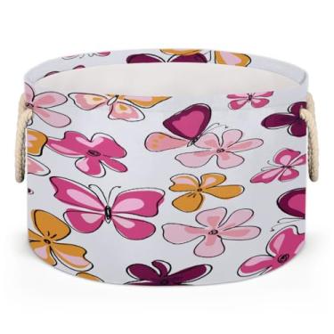 Imagem de Cesta grande redonda de armazenamento com estampa de animal de borboleta, organizador de brinquedos para crianças, dobrável, com alça, cesto de roupa suja para sala de estar, lavanderia, berçário