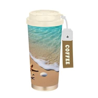 Imagem de SEHANY Caneca de viagem Summer Sea Beach Starfish 482 g Copos de café reutilizáveis revestidos de cerâmica com tampa à prova de vazamento, parede dupla, isolamento a vácuo, copo de café de aço