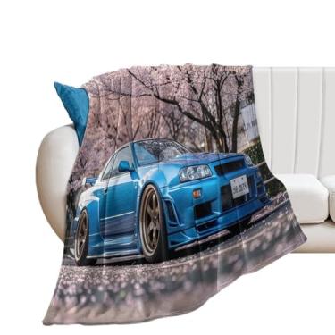 Imagem de HouLaiZhe Cobertor super macio de flanela azul JDM carro R35 flores de cerejeira cobertores refrescantes leves para sofá-cama cadeira sofá carro viagem ao ar livre leve quente 152 x 203 cm