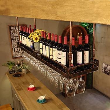 Imagem de APUM Rack de vinho de teto, suporte de copo de vinho de ferro, rack flutuante de bar, restaurante cozinha armazenamento doméstico rack de vinho, suporte de garrafa de vinho, altura ajustável