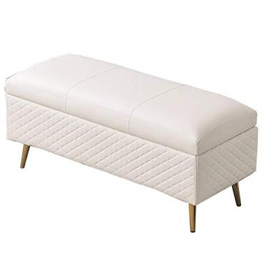 Imagem de FAMEOYA Banqueta para pés, banqueta de sofá retangular grande capacidade de armazenamento de couro PU almofada engrossada para troca de sapatos domésticos 150 kg (cor: branco, tamanho: 60 cm)