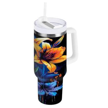 Imagem de Kigai Copo de pintura floral colorida de 850 g com tampa e canudo, copo isolado de aço inoxidável durável à prova de vazamento com alça, garrafas de água à prova de derramamento para viagens