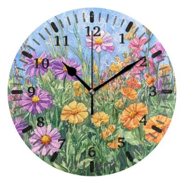 Imagem de CEBUGI 1 relógio colorido de flores silvestres, 1 relógio de parede operado por bateria, relógios de parede silenciosos sem tique-taque para cozinha, banheiro, quarto, escritório, decoração 25,4 cm