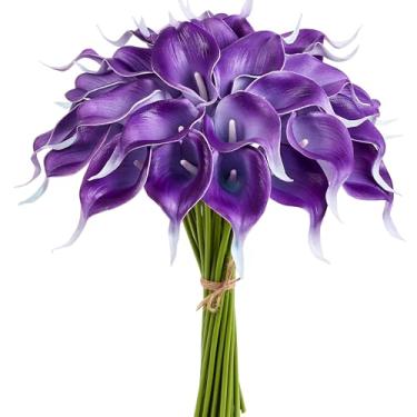 Imagem de AWARDSEN Lírio artificial de calla 12 peças de flores sintéticas roxas de toque real para buquê de casamento, chá de noiva, decoração de mesa de cozinha para casa de primavera, lírios falsos para