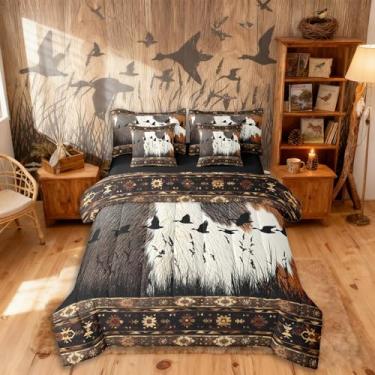 Imagem de Erosebridal Conjunto de edredom King Size Western Bed in a Bag, 7 peças | Conjunto de cama rústica com estampa de couro bovino e pato selvagem, animais da fazenda