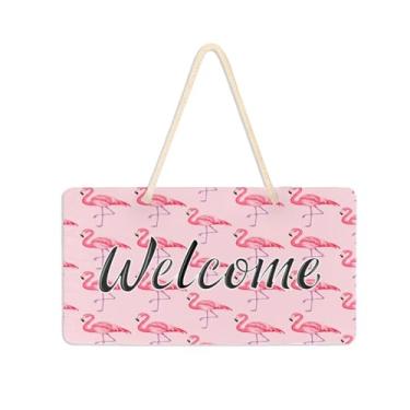 Imagem de Burbuja Placa de boas-vindas flamingos rosa para porta da frente, placa de boas-vindas de PVC para pendurar na parede, decoração de férias, 15 x 28 cm