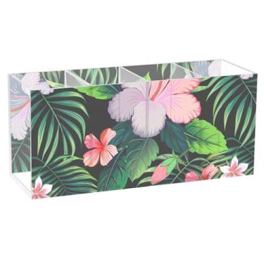 Imagem de Burbuja Porta-canetas de acrílico com flores de hibisco, 4 compartimentos, suporte de lápis transparente para pincéis de maquiagem, acessórios de mesa de escritório em casa