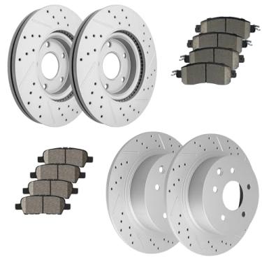 Imagem de Rotores de freio a disco dianteiro e traseiro Kits de freio Pastilhas de freio de cerâmica Rotores de freio a disco perfurados e ranhurados para Nissan Altima 2013 2014 2015 2016 2017 2018 2019 2020