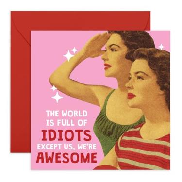 Imagem de Cartão comemorativo retrô Best Friends - The World Is Full of Id*ots Except Us We're Awesome - Cartão engraçado estilo vintage para Bestie, Work Wife, Sister, Partner - Vem com adesivos