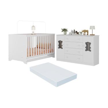 Imagem de Berço Americano 3 Em 1 Com Colchão Incluso E Cômoda 2 Portas 4 Gavetas Teddy Multimóveis MP4735 Branco