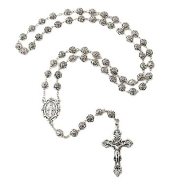 Imagem de lulucross Colar de rosário de contas de rosa de prata vintage de 10 mm | Contas de oração católica com cruz dourada | Ideal para primeira comunhão, batismo e presentes religiosos | Joias cristãs