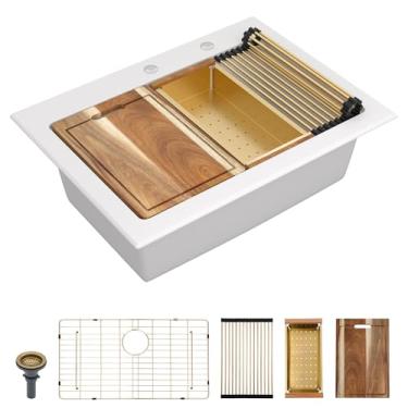 Imagem de Fulorni Pia de cozinha composta de granito de 76,2 x 55,88 cm – Bacia de pia de tigela única de quartzo de granito de montagem superior clássica de luxo acima do balcão