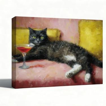 Imagem de Arte de parede de gato, gato preto com estampa em tela de coquetel, pôster retrô de lounge bar, estilo de pintura a óleo pop, decoração de bar de cozinha, sala de jantar, presente para amantes de