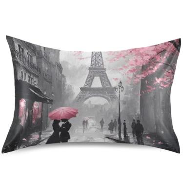 Imagem de Capa de almofada de cetim com pintura a óleo da Torre Eiffel, arte colorida, capa de almofada de resfriamento padrão, king size, 101,6 cm x 50,8 cm
