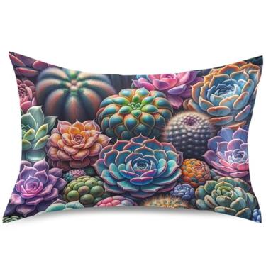 Imagem de Capas de almofada coloridas de cetim com estampa floral suculenta para o cabelo, capa de almofada padrão King Queen, tamanho padrão, 66 x 50 cm