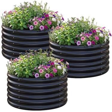 Imagem de AHEONLAR Kit de cama de jardim elevado, galvanizado, 3 peças, 5 x 5 m, caixa redonda de metal, canteiros elevados, jardim ao ar livre, para plantar, frutas, ervas pretas