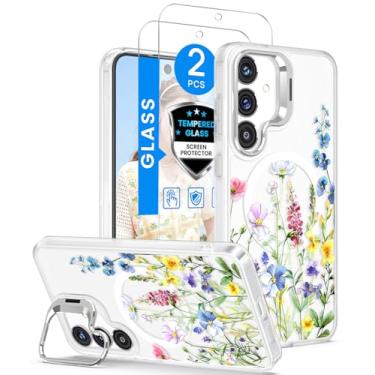 Imagem de Dretal Capa magnética para S26 floral, suporte de lente embutido, 2 protetores de tela, capas magnéticas translúcidas foscas, à prova de choque, mulheres, meninas, estampa de flores, capa de telefone