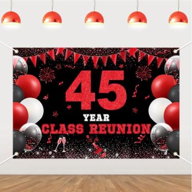 Imagem de JOYMEMO Pano de fundo de reunião de classe de 45 anos de 1,5 x 0,9 m - Decorações de reunião de 45ª turma de escola vermelha e preta, fundo fotográfico para escola primária, universidade, bem-vindo de
