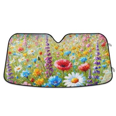 Imagem de Guarda-sol personalizado romântico florescendo arte de flores silvestres para para-brisa de carro bonito retrátil dobrável automotivo protetor solar floral M, 139,7 cm x 70,1 cm